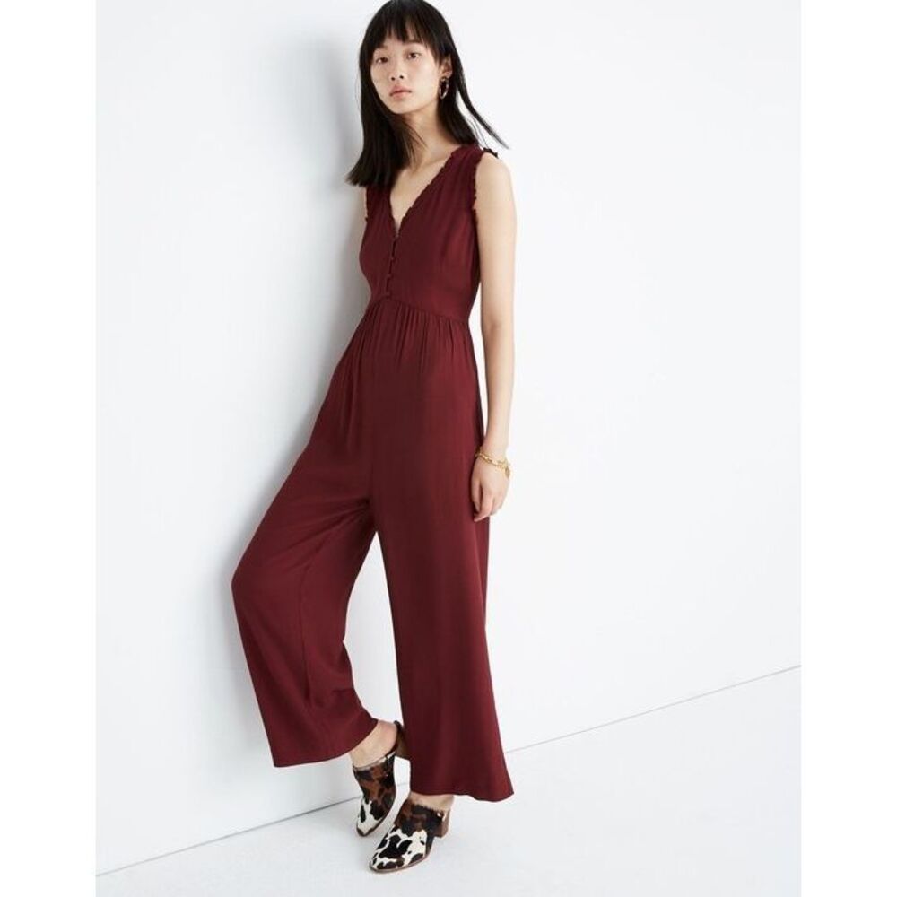 Madewell Womens Maroon Sleeveless Ruffles Zip Back Button Front Jumpsuit Size 6